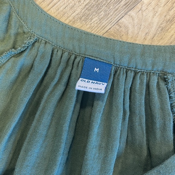 Boho Chic Olive Green Flutter Sleeve Babydoll Dress | 100% Cotton Tiered V-Neck - Picture 4 of 7